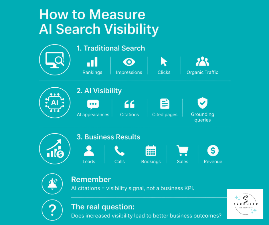 Infographic showing how to measure AI search visibility through traditional search metrics, AI visibility signals, and business KPIs.
