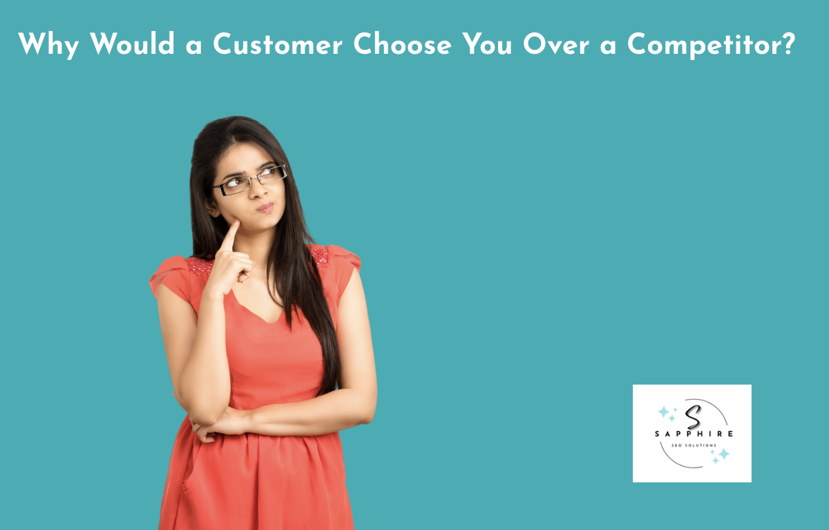 Woman in a red dress thinking about why a customer would choose her business over a competitor