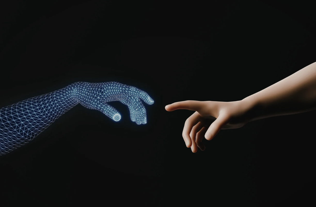 AI hand and arm reaching out to a human hand and arm