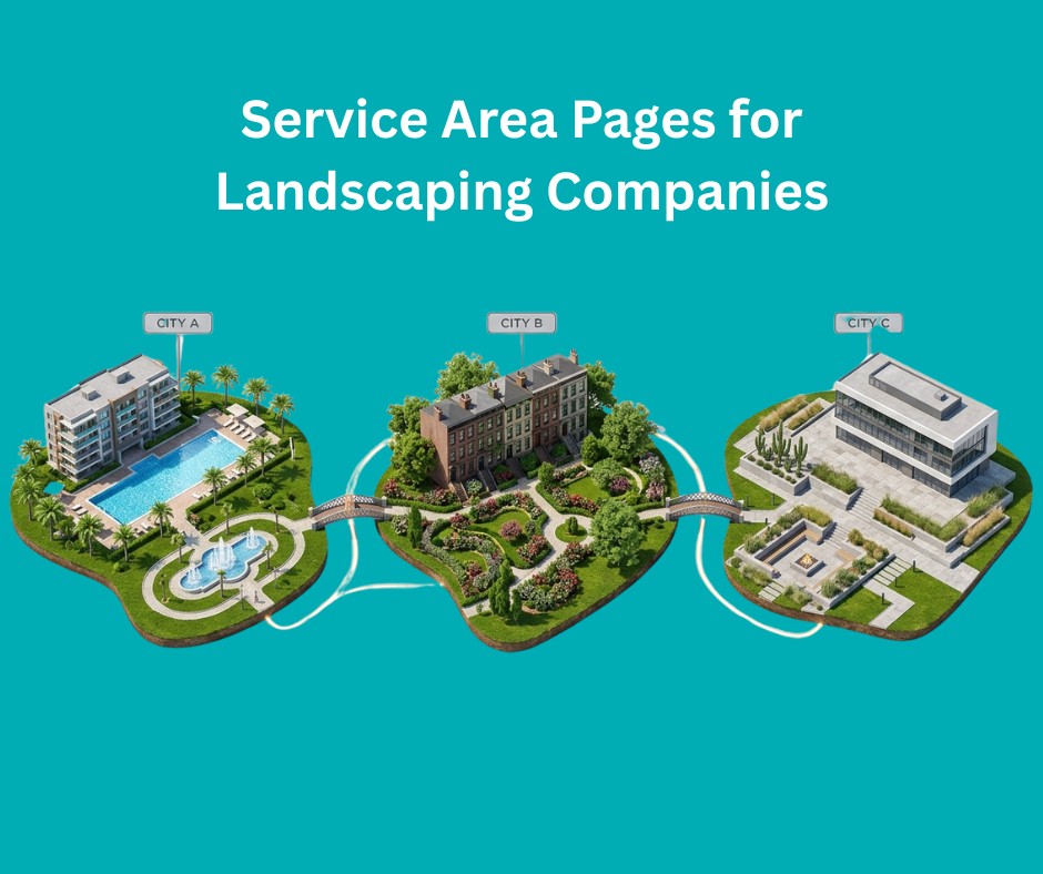 three different cities with the caption: service area pages for landscaping companies