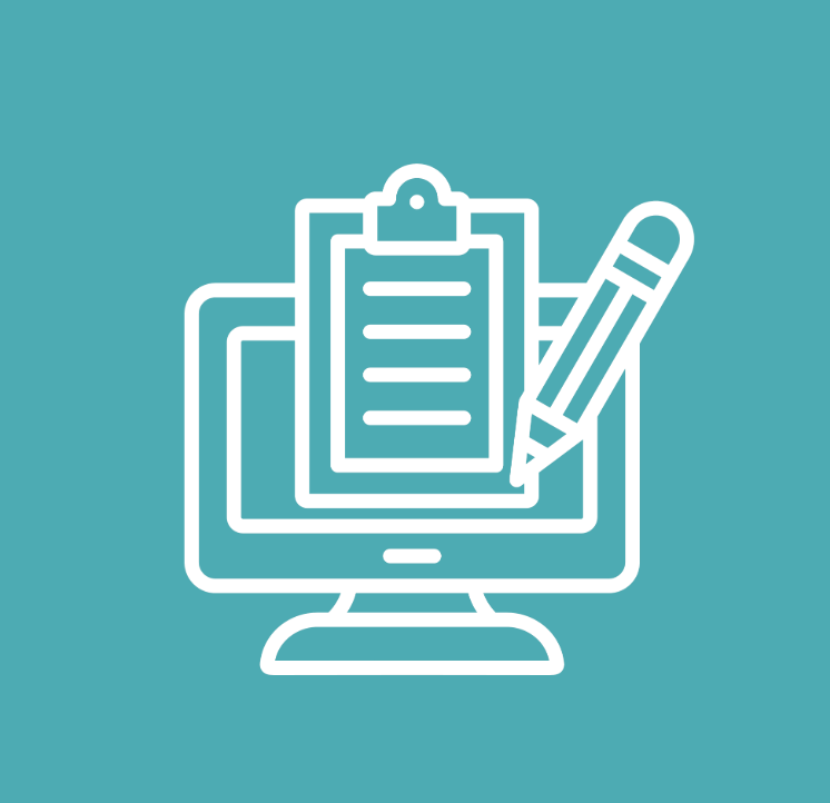 Graphic of a computer screen, a pencil, and a note pad.