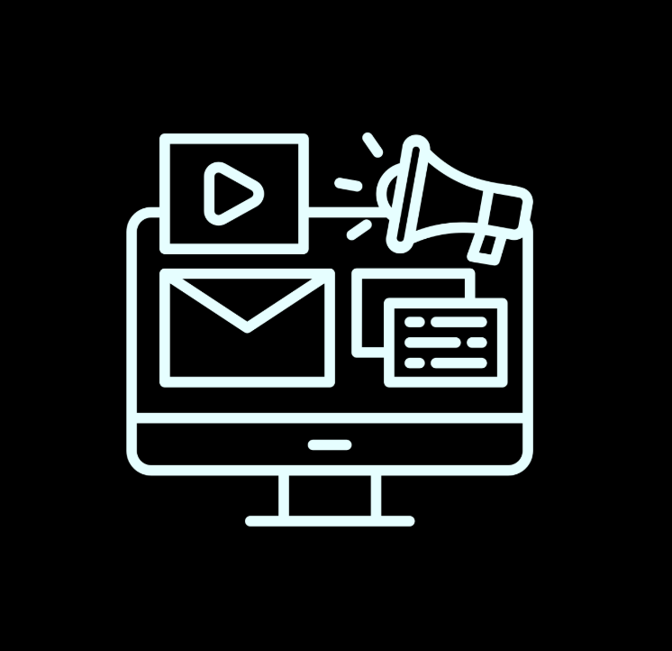 Graphic of a computer screen with email, social media posts, a play button, and a megaphone