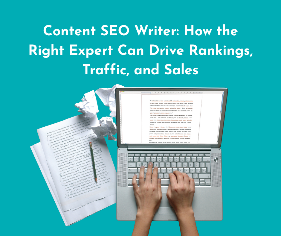 a content seo writer writing content on a laptop