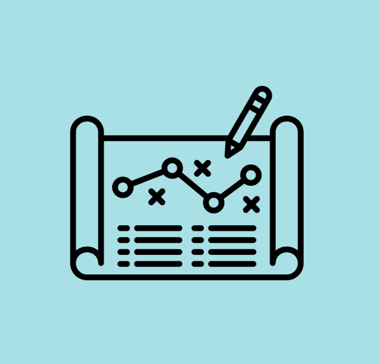 Graphic of a plan written on a scroll of paper with pencil writing x's and o's