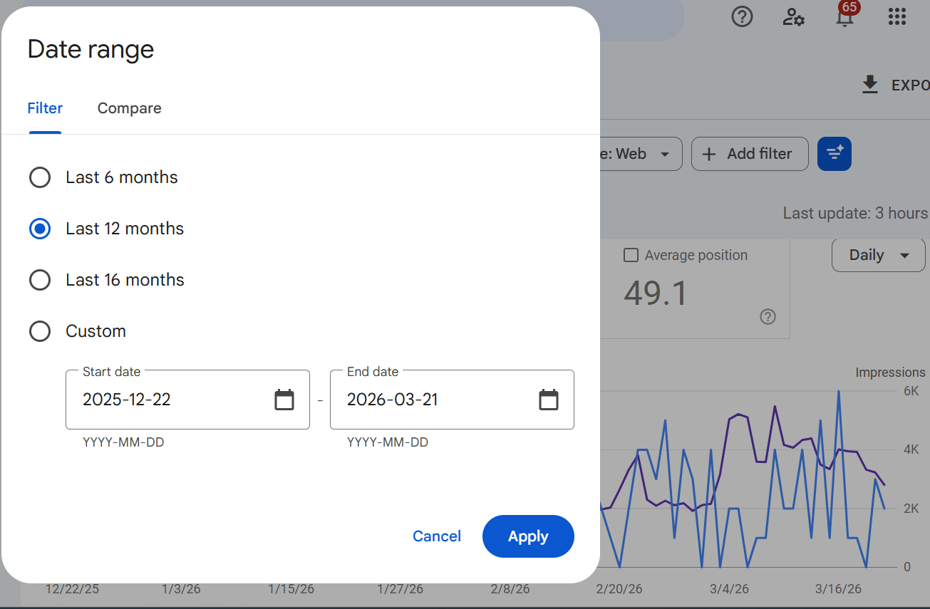 a screenshot of the data range filter on GSC
