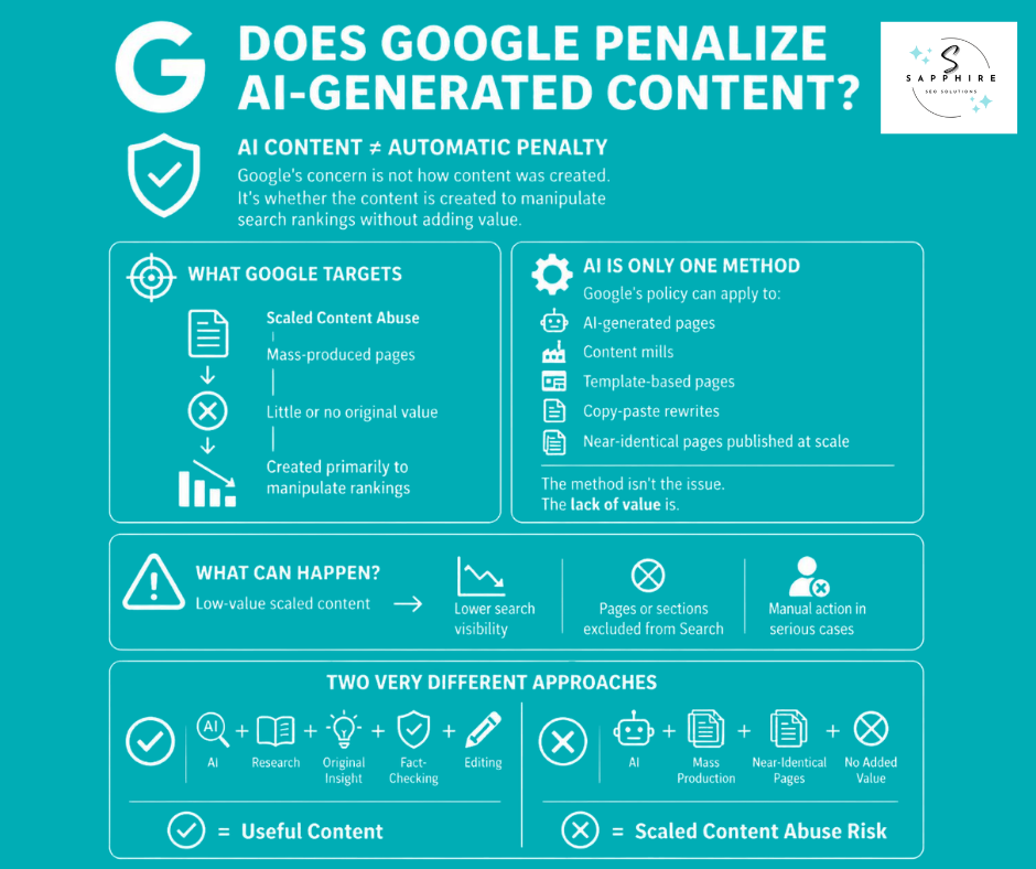 Infographic explaining that Google does not penalize AI content automatically unless it is scaled spam without value.