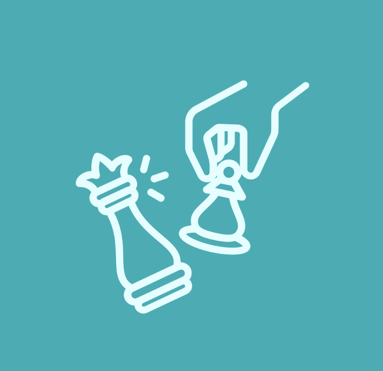 Graphic of a hand holding a chess pice and knocking over the king