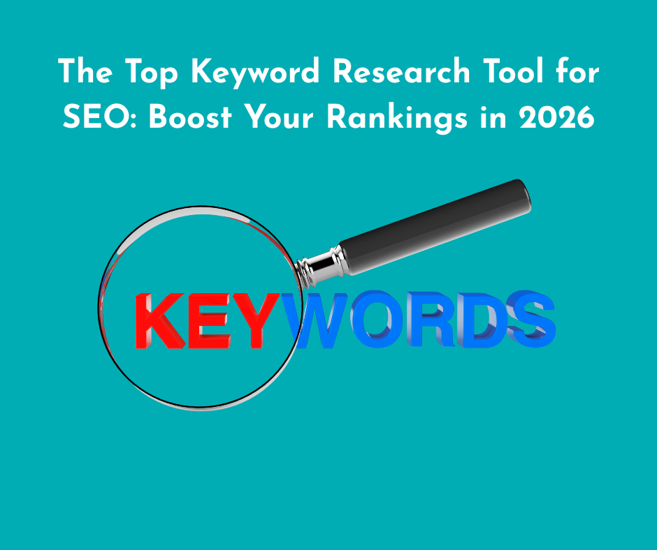 A magnifying glass over the word keywords with caption: the top keyword research tool for SEO