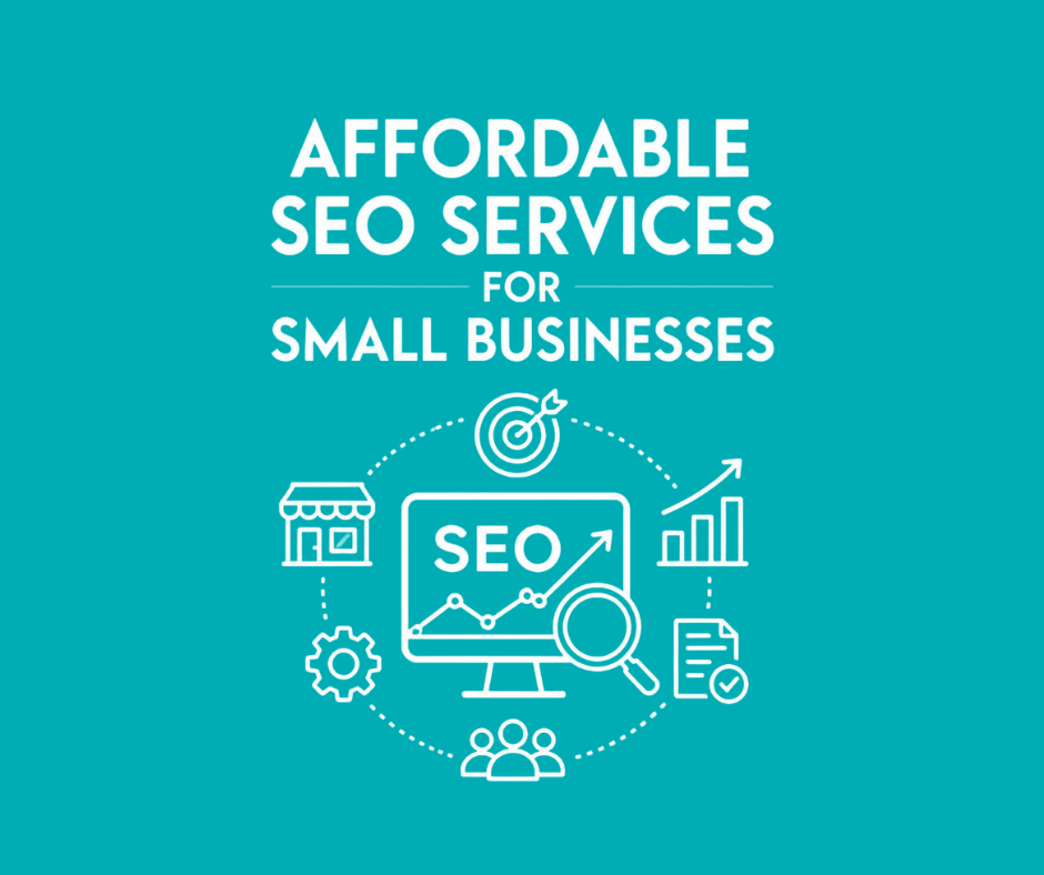 Infographic titled "Affordable SEO Services for Small Businesses" with icons depicting strategy, local store, search metrics, and analytics.