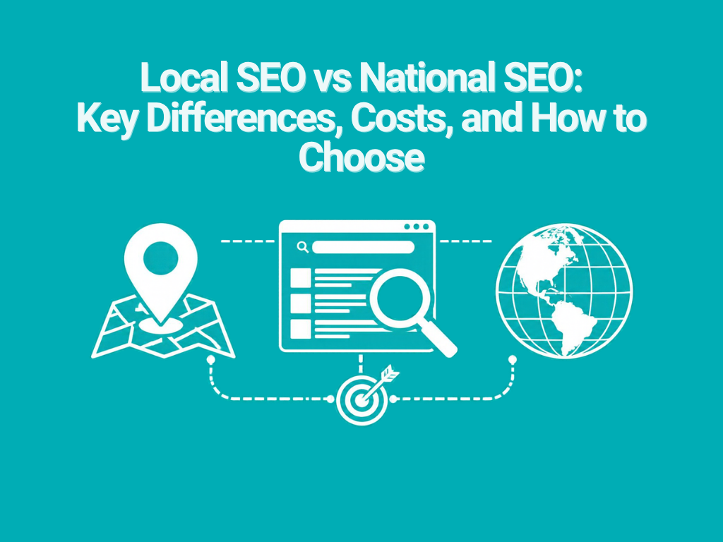Local SEO vs National SEO comparison header with map pin, search browser, target icon, and global website graphics.