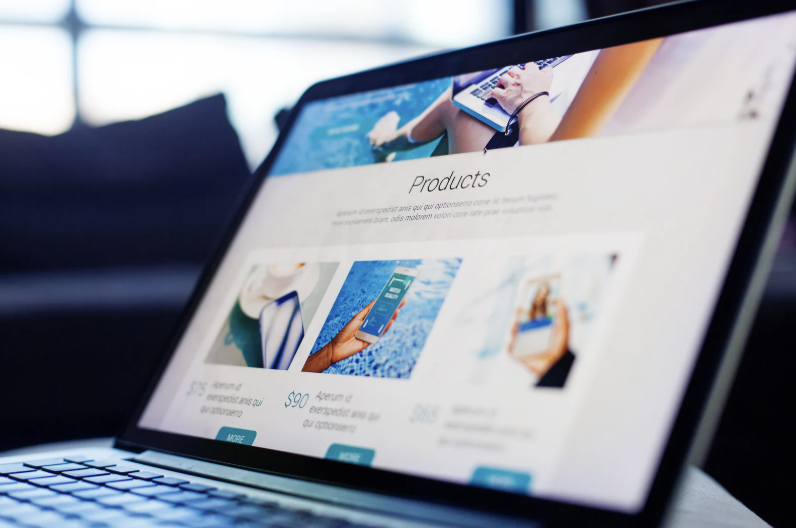 Computer screen closeup showing products on an ecommerce page