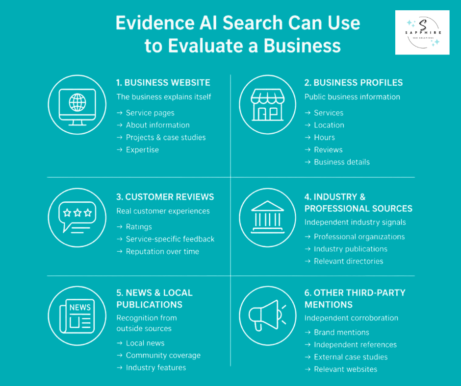 Overview of six types of evidence AI search uses to evaluate a business, including websites, profiles, and reviews.