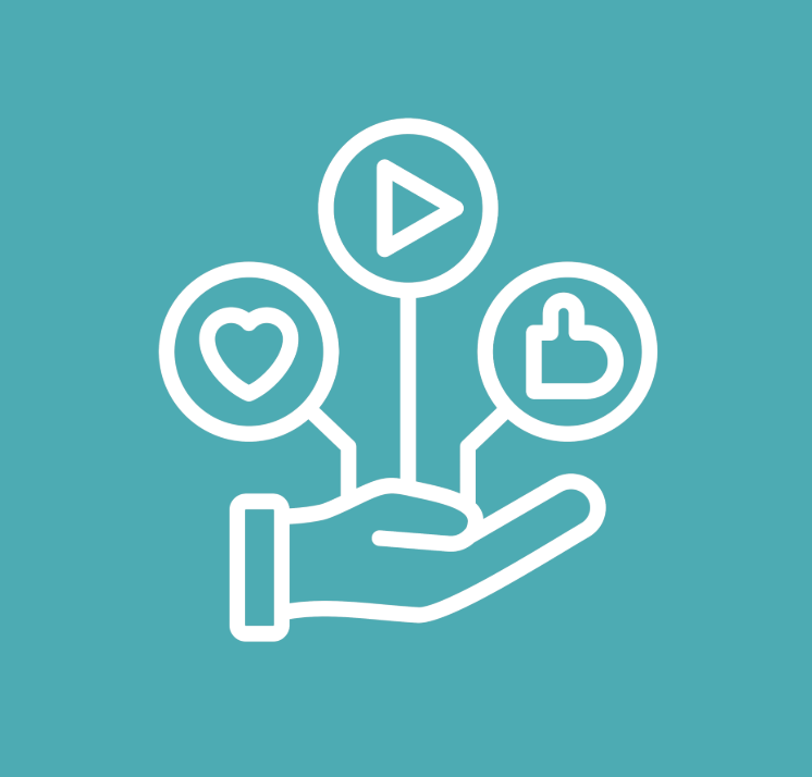 Graphic of a hand holding three icons including a heart, a play button, and a thumbs up