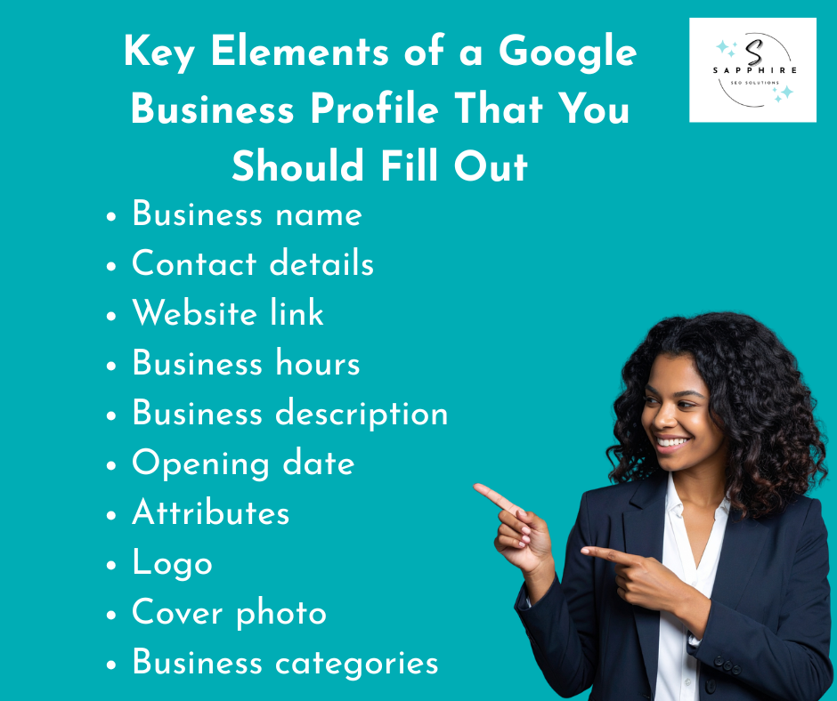 business name, contact details, website link, business hours, business description, opening date, attributes, logo, cover photo, and business categories are important gbP profile elements that need to be filled out