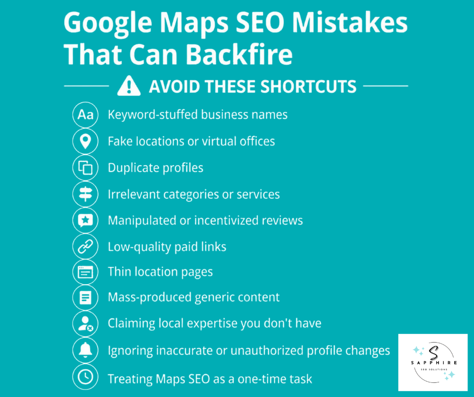 Infographic detailing harmful shortcuts and Google Maps SEO mistakes to avoid to prevent ranking penalties.
