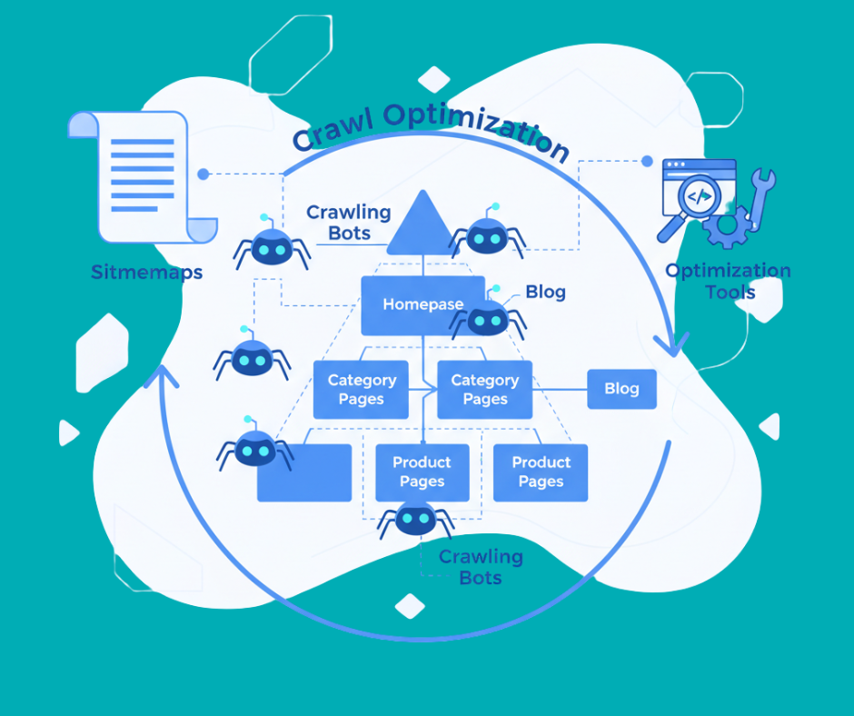 an image that shows crawling bots across different pages of a site to represent technical seo