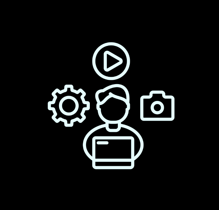Graphic of a man with a laptop and a camera, gear, and play button around him