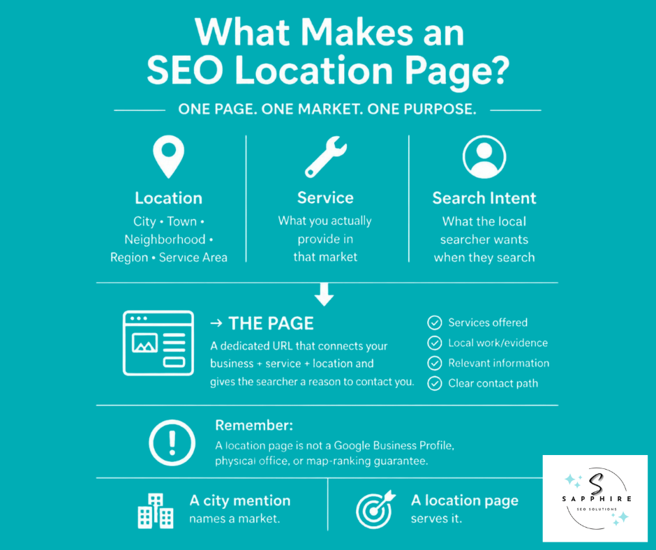 Diagram outlining the core elements of an SEO location page focusing on one page and one market.