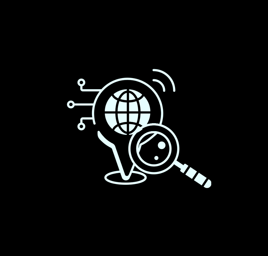 Map marker with a magnifying glass and a globe
