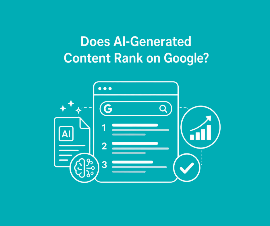 Infographic asking does AI generated content rank on Google with search engine and ranking icons.