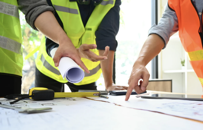 Construction workers discussing a blueprint