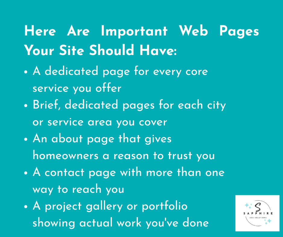 Some important web pages your site should have include dedicated page for evey service you offer, dedicated pages for each city you serve, an about us page, and more.