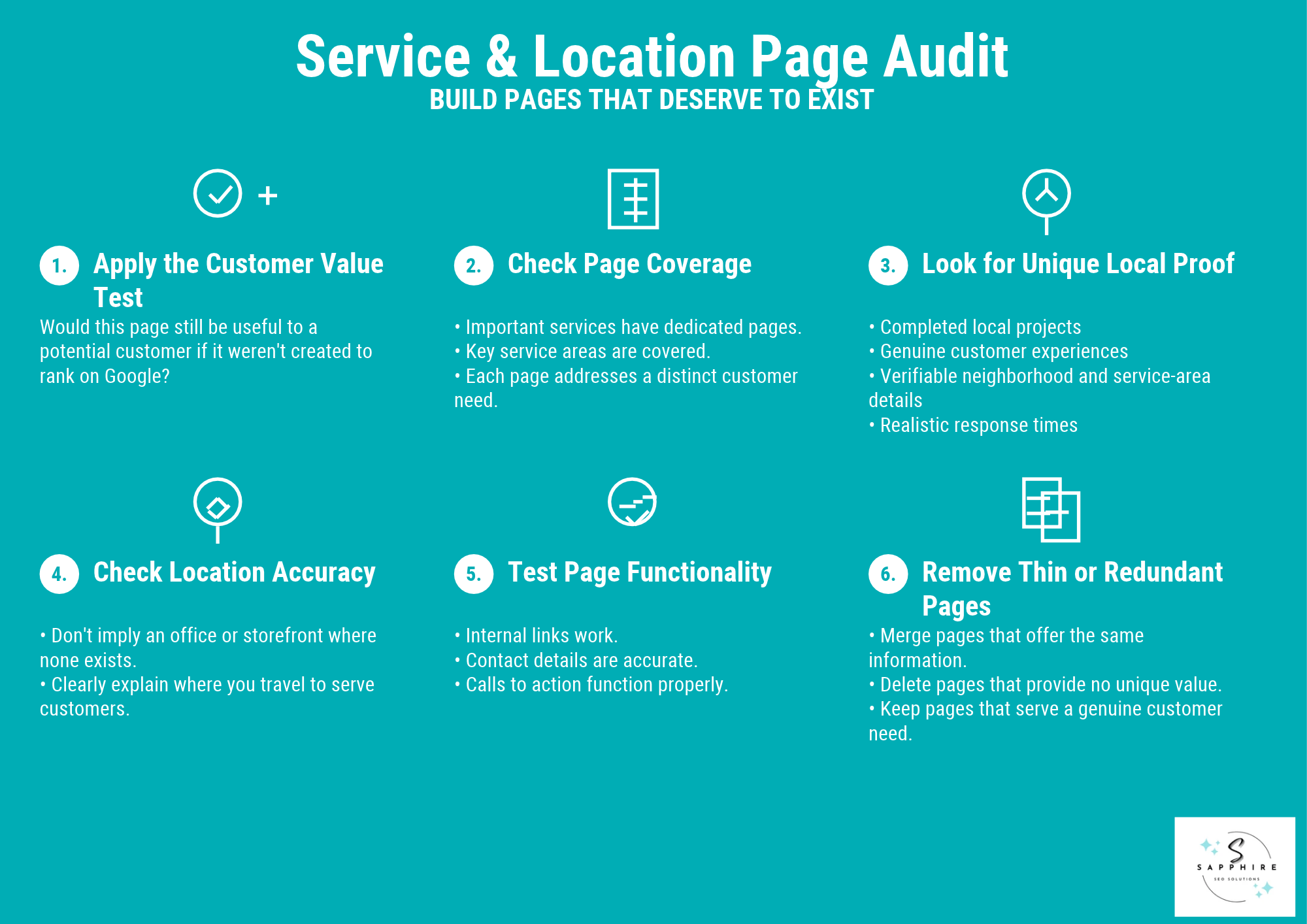 Service and location page audit guide detailing how to build valuable pages with local proof and functionality.