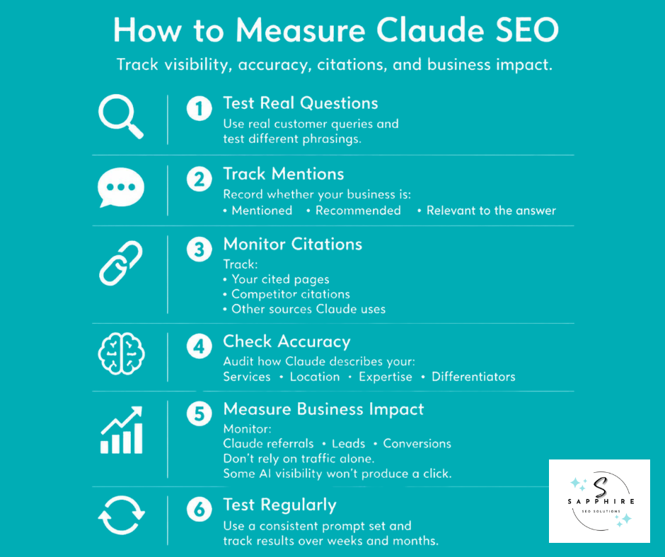Infographic detailing six methods to track Claude SEO visibility, accuracy, citations, and business impact.