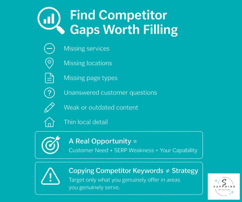Infographic guiding marketers on how to find and fill valuable competitor gaps with real opportunities.