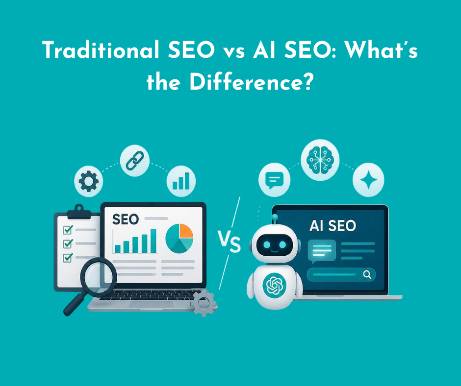 Two laptop screens, one with seo and other with ai seo, with caption: traditional seo vs ai seo: what's the difference?