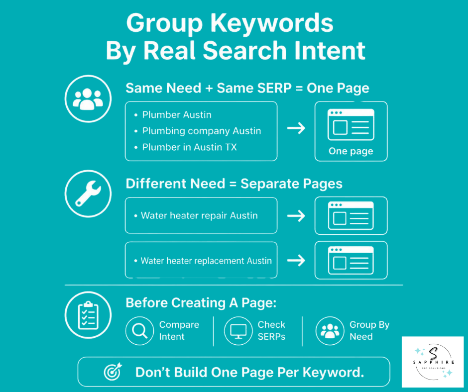 Infographic on grouping keywords by real search intent to determine whether to combine or separate web pages.