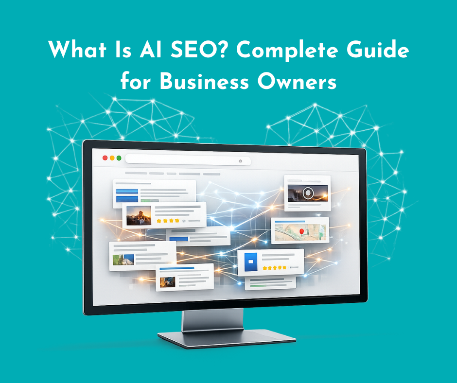a computer with a network of signals and a caption: what is ai seo?