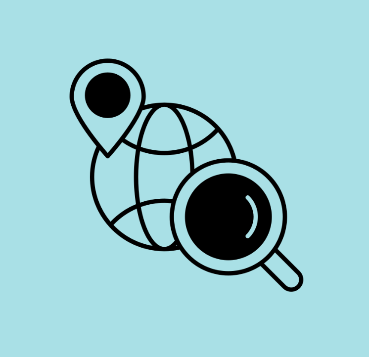 Graphic of a globe, a map marker, and a magnifying glass