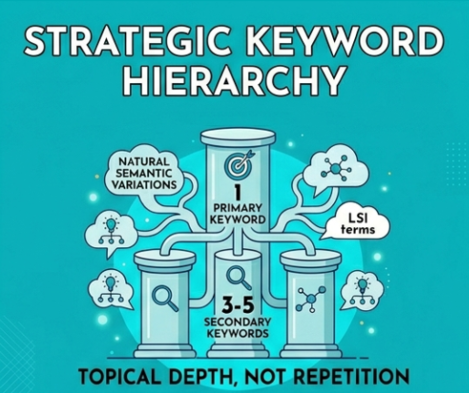 an image that shows that the ideal keyword is one primary keyword and 3 to 5 secondary keywords