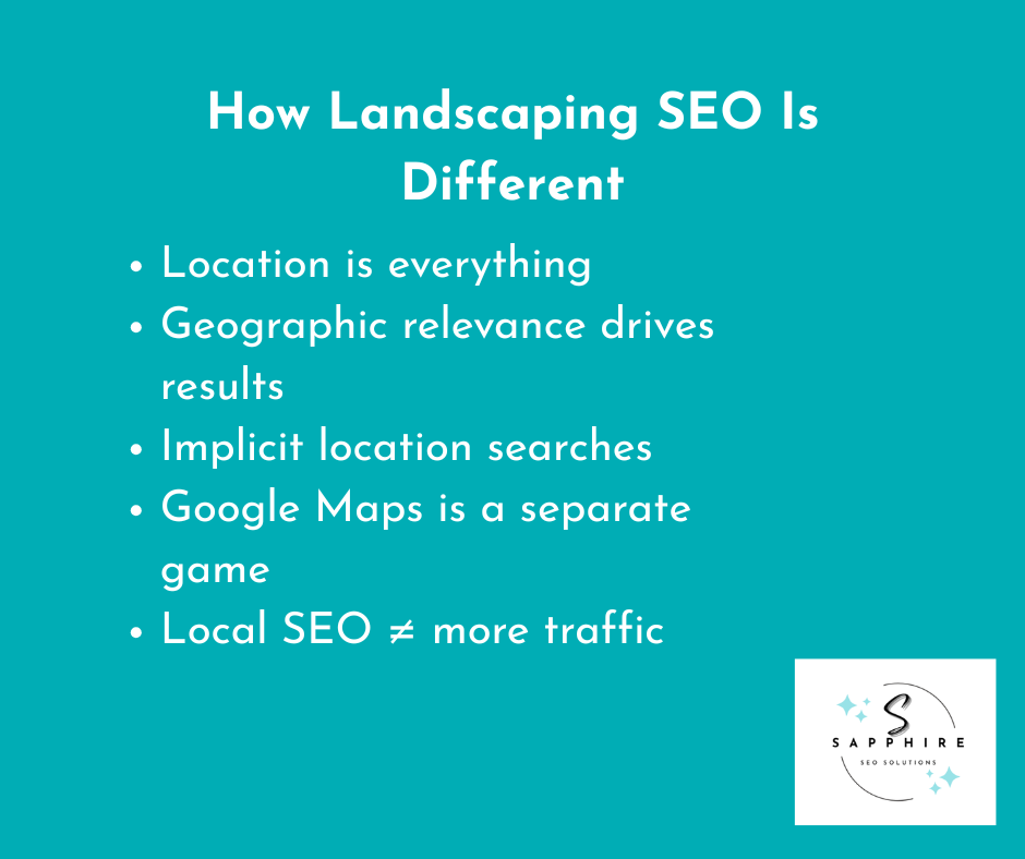 Several bullet points on how landscaping seo is different from traditional seo explained