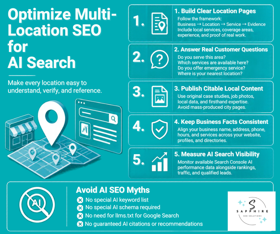 5-step infographic guide on optimizing multi-location SEO strategy for AI search engines and citations.
