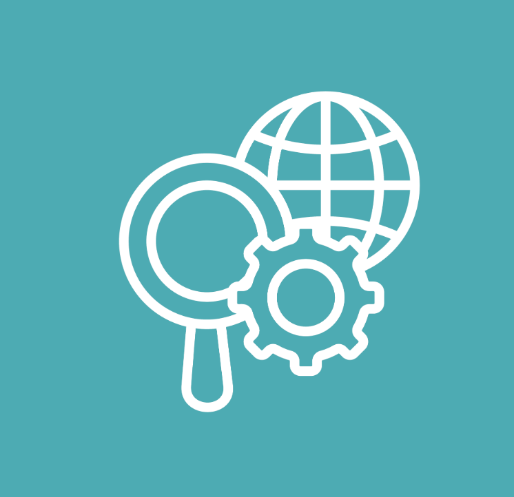 Graphic of a gear, a magnifying glass, and a globe
