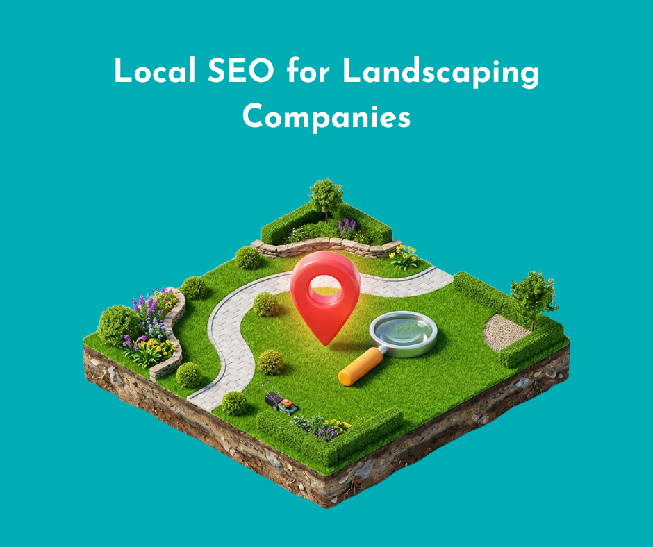 a well maintained lawn with a pin location with caption: local SEO for landscaping companies