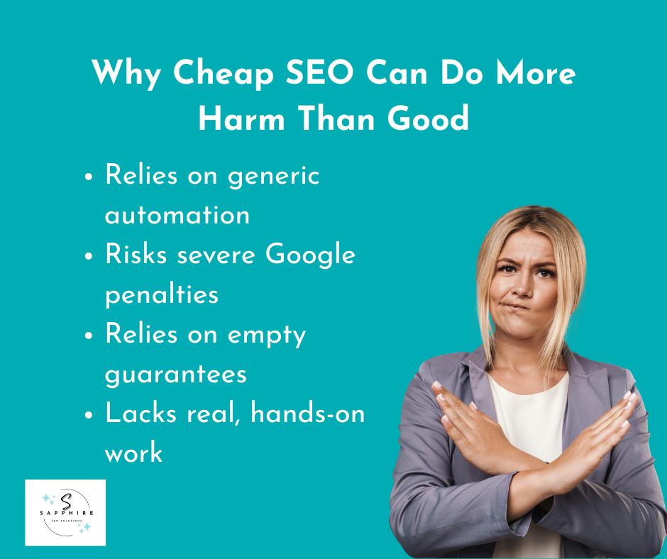 cheap seo isn't worth it as it relies on generic automation, risks severe google penalties, relies on empty guarantees, and lacks hands-on work