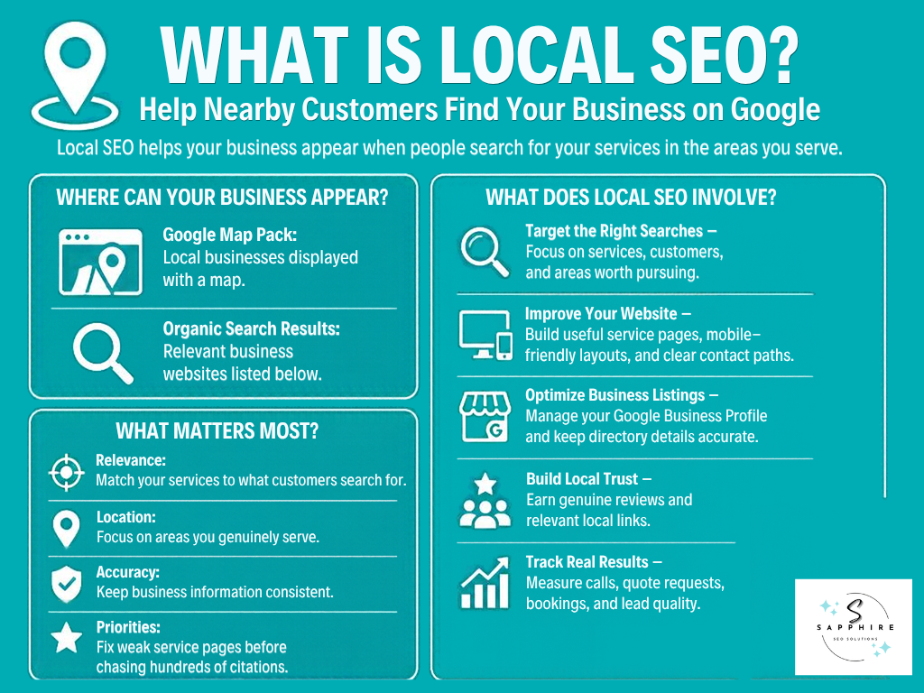 Infographic defining local SEO, Google Map Pack visibility, key optimization factors, and local business trust.