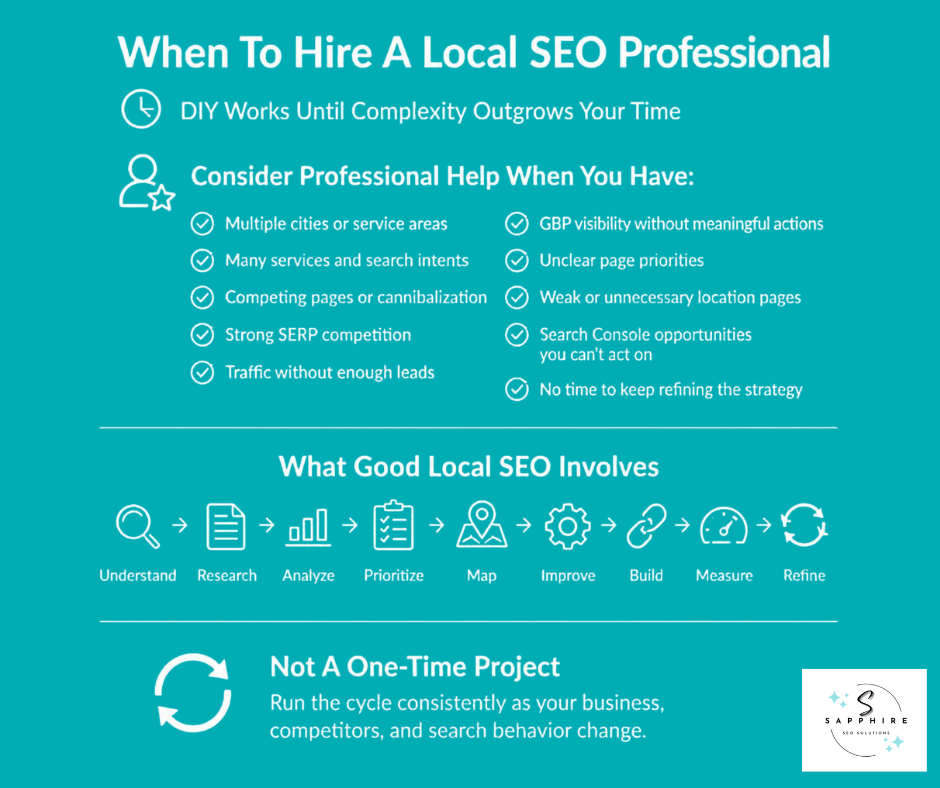 Infographic detailing when to hire a local SEO professional, covering service complexity, strategy, and goals.