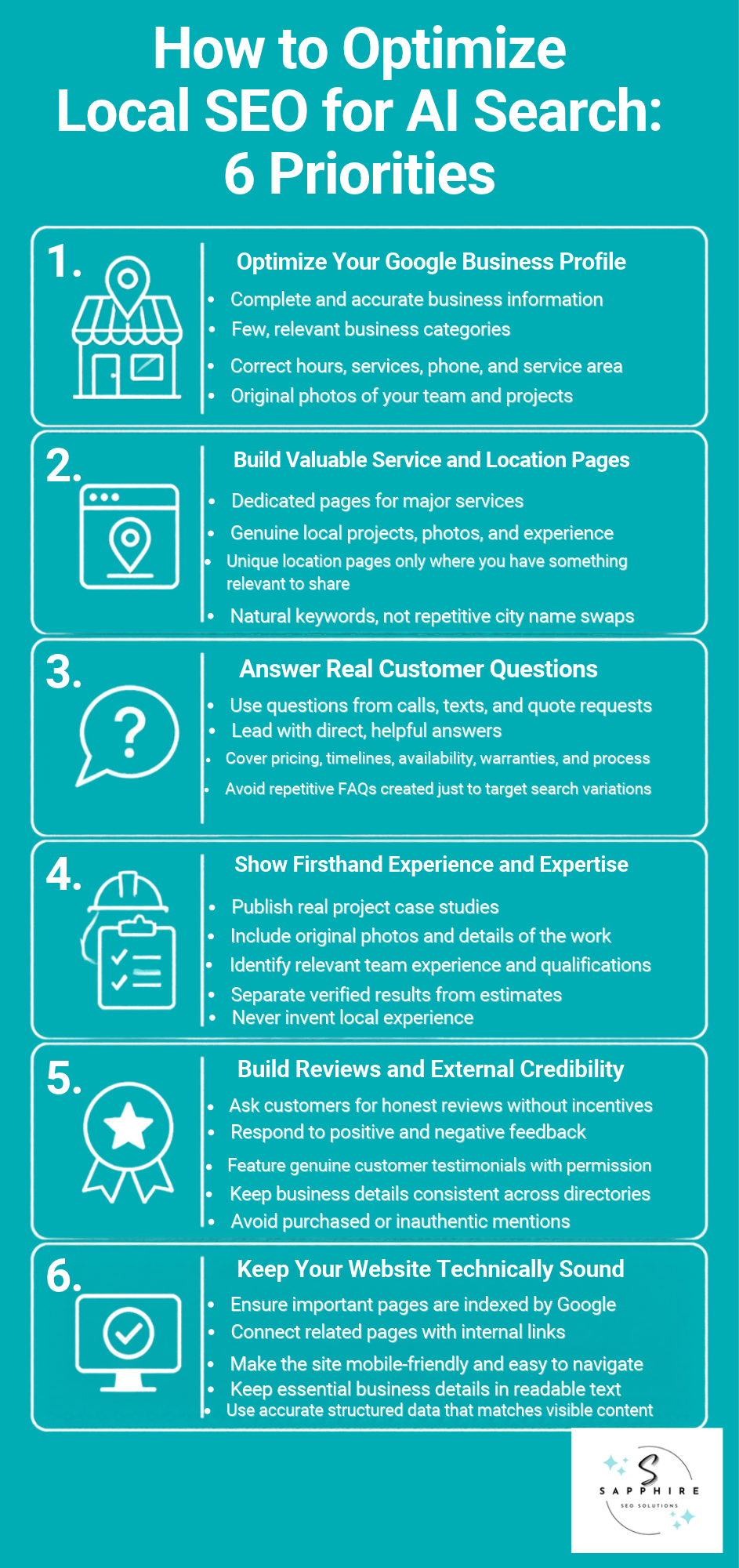 Infographic displaying six priority action steps to optimize local SEO for AI search and recommendations.