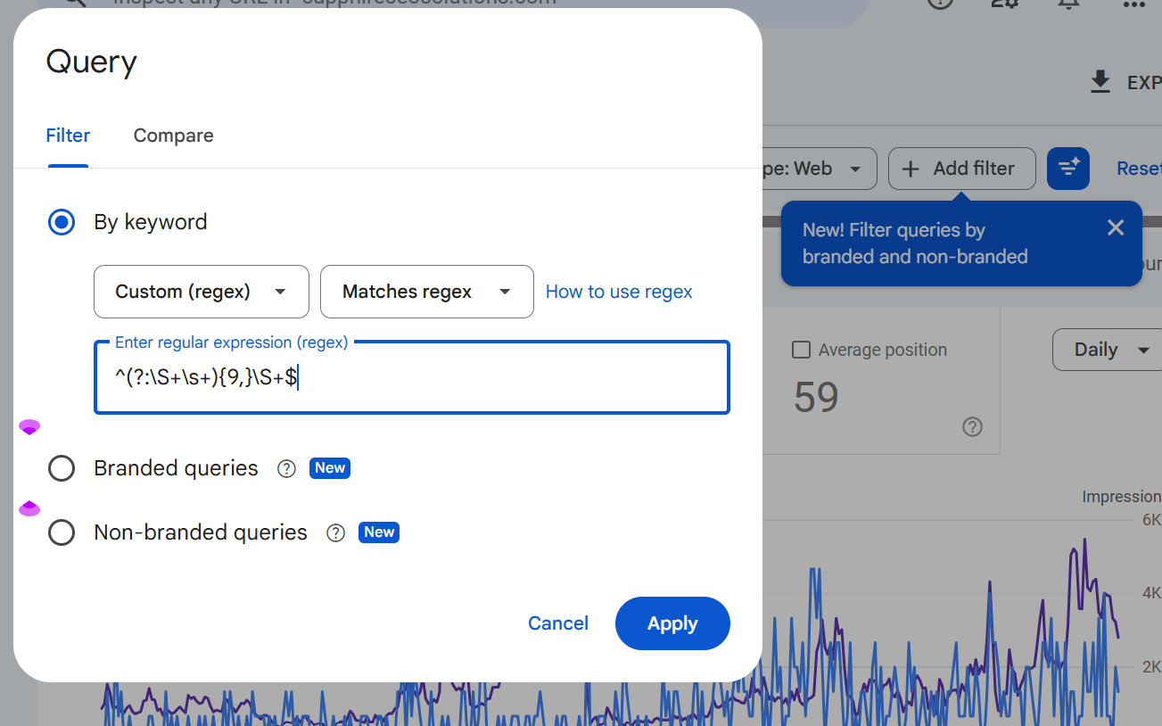 A screenshot of the custom Regix filter on GSC