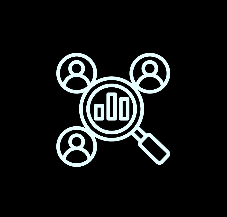 Graphic of a magnifying glass, a graph, and three figures