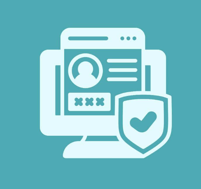 Graphic of a computer with a shield with a checkmark, a human figure, and lines