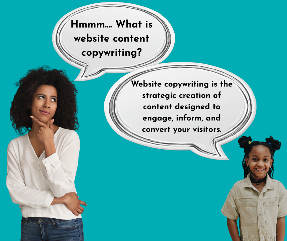 A kid answering a woman with the question "what is website content copywriting?"