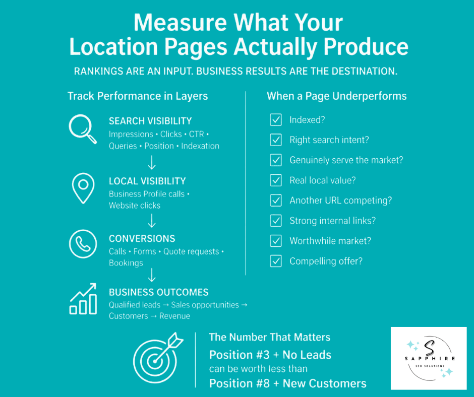 Chart explaining how to measure location page performance in layers from search visibility down to conversions.