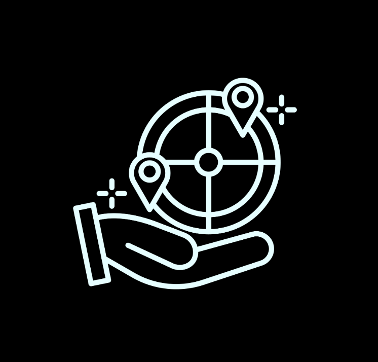 Graphic of a hand holding a target with map markers
