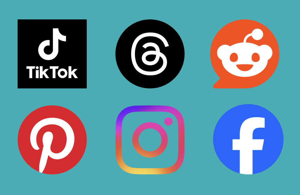 Various social media logos on a teal background including tiktok, pinterest, instagram, and facebook