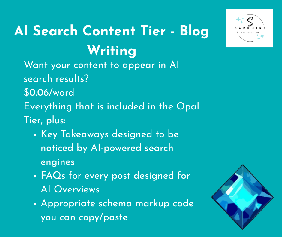 information on the AI Search content tier blog writing services packages at Sapphire SEO Solutions